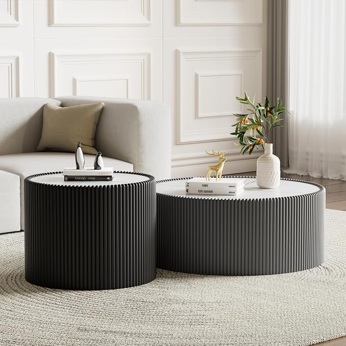 2-Piece Round Nesting Coffee Table Set, 29.52" Marble Coffee Table and End by Henf