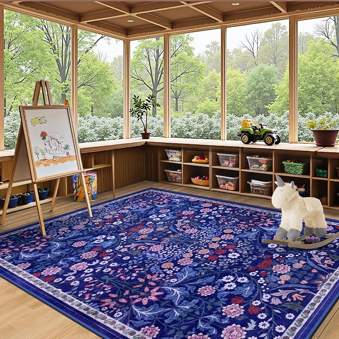 PLHXFR 6x9 Area Rug Living Room: Floral Washable Boho Soft Carpet Blue | - Image 5