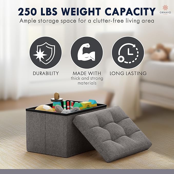 Ornavo Home Small Storage Ottoman, Foldable Collapsible Rectangle Linen Ottoman - Image 7