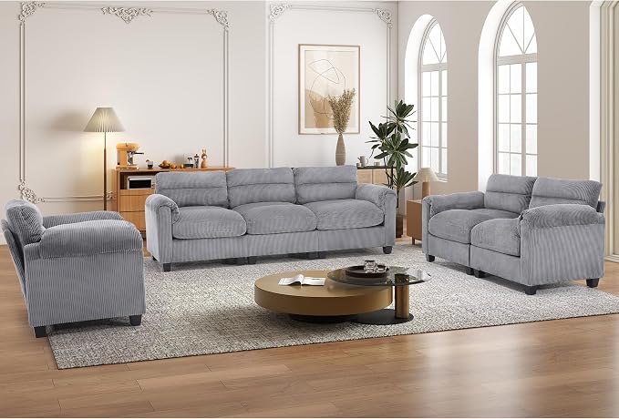 HAOMARKETS Corduroy Sofa Set, Upholstered Armchair, and 3-Seater Couch - Image 3