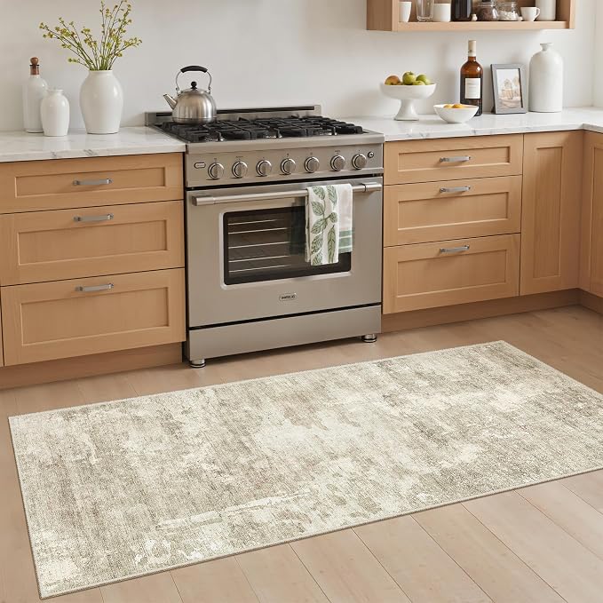 Soalmost Abstratc Runner Rug 2x6 Kitchen Hallway Runners Beige/Gray | Low-Pile - Image 2
