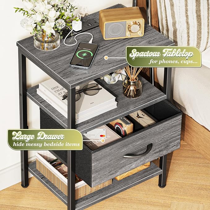 SUPERJARE Nightstand with Charging Station, Bed Side Table with Adjustable - Image 5