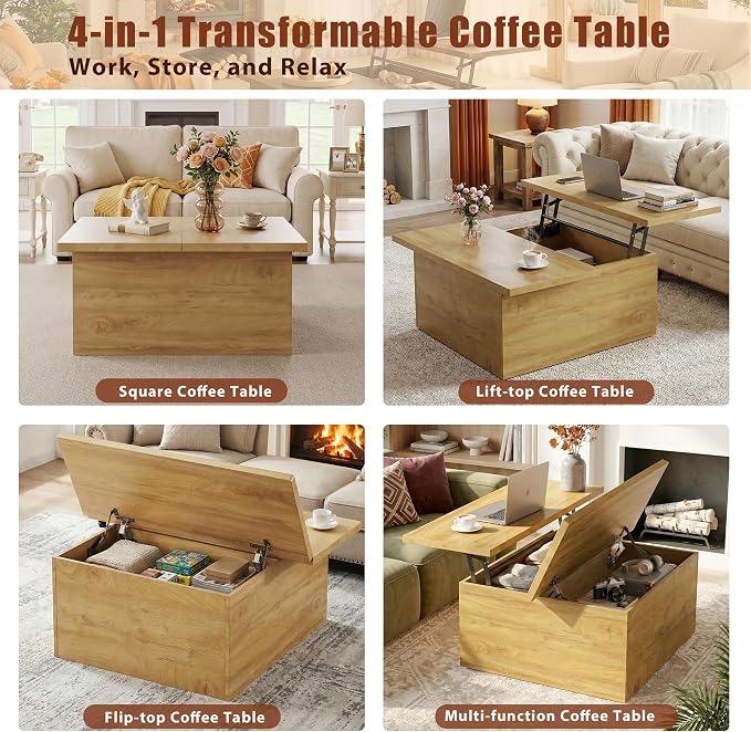 HUAHUU Lift Top Coffee Table, 4 in 1 Square Coffee Table - Image 3