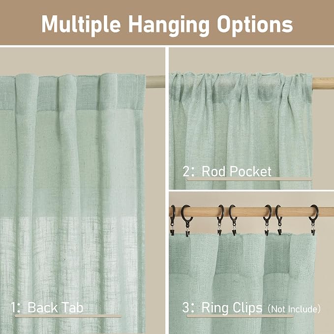 Semi Sheer Linen Curtains 54 Inch Length 2 Panels, 52 x 54 Inch | Light Sage - Image 3