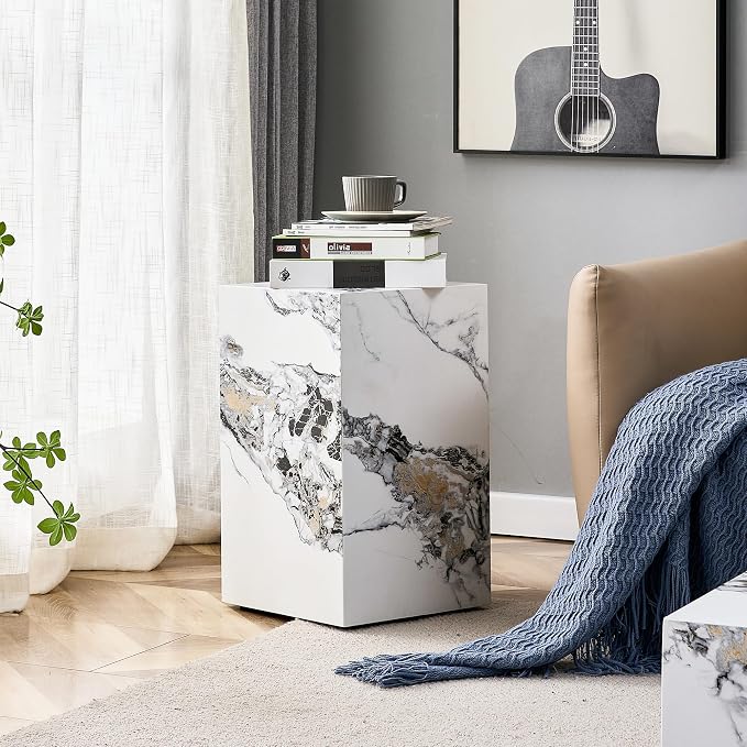 White Marble Rectangular End Coffee Table, Modern Elegant Bedside Nightstand - Image 8