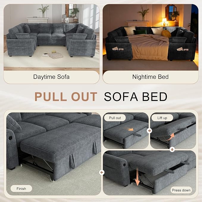 Hanherry Sectional Sofa with Pull Out Couch Bed, 8 Seat Corduroy Sleeper Sofa - Image 5