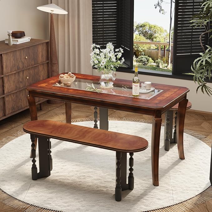 59” Dining Table with 8mm Tempered Glass Top, Farmhouse Kitchen Dinner Table - Image 4
