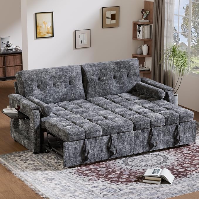 Convertible Sleeper Sofa Bed, 86 Inch Chenille Pull Out Couch by Outdoorchairs