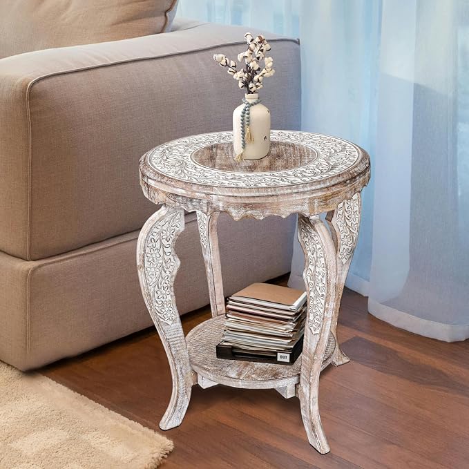 Farmhouse Round Accent End Table, Rustic Side Table Nightstands - Image 2