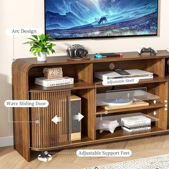 Walnut TV Stand for 65 70 75 Inch TV, Fluted Mid Century Modern TV Console - Image 6