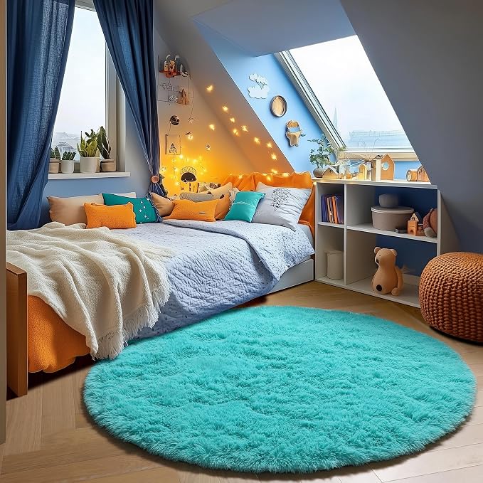 Teal Blue Round Area Rug 4ft, Soft Fluffy Bedroom Bedside Floor Circle Rugs by ONASAR