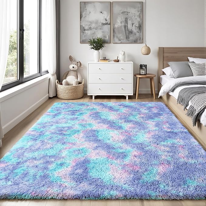 PLHXFR 5x7 Area Rugs Living Room: Fluffy Bedroom Soft Shag Rug Kid Rainbow | - Image 2
