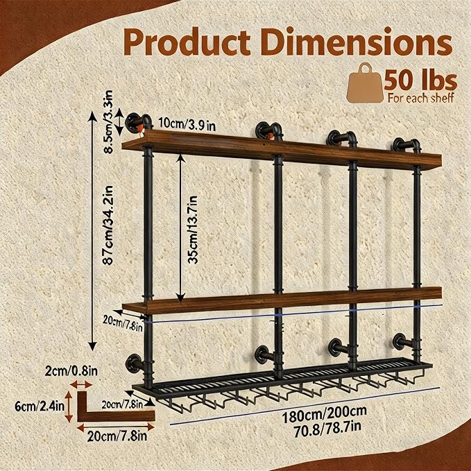 Wall Mounted Wine Rack with LED Lights, 3-Tier Industrial Wood Floating Shelves - Image 2
