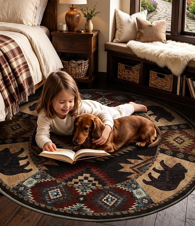 Southwestern Round Rug 4ft, Low Pile Soft Circle Rug - Image 8