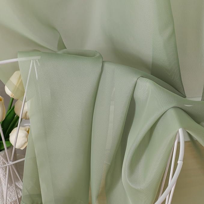 Light Green Sheer Curtains 63 inch Length 2 Panels Set - Image 2