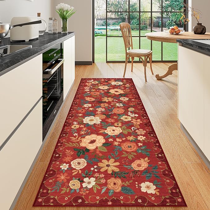 DUKINO 2x6 Runner Rug for Hallway, Washable Kitchen Rugs Non Slip, Floral by DUKINO