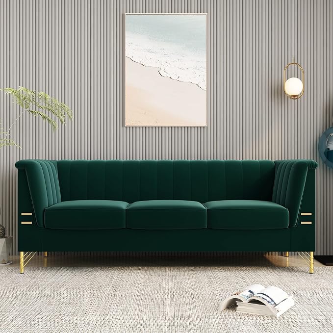 83.46" W Green Velvet Sofa Couch - Image 8
