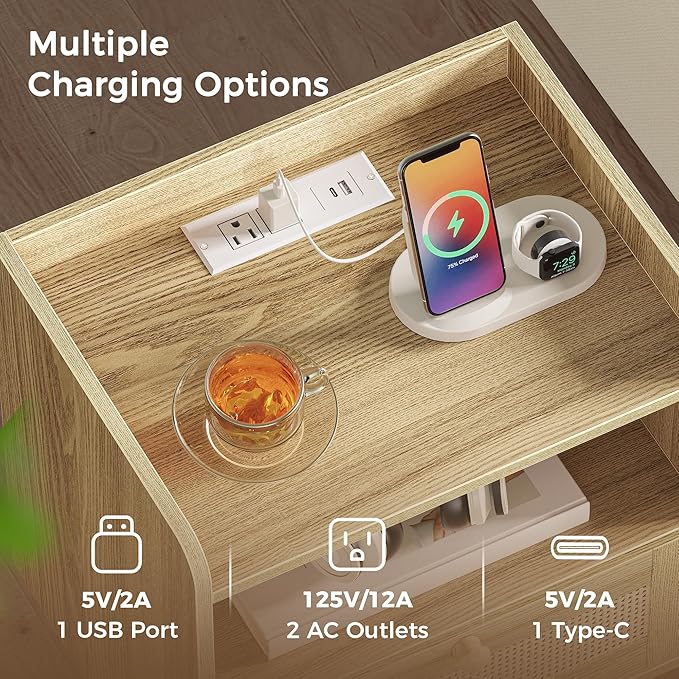 SUPERJARE Nightstand with Charging Station & Rattan-Like Decor Drawer, Rattan - Image 4