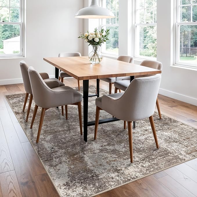 5x7 Area Rug Living Room Washable Neutral Brown Beige | Soft Low Pile Non Slip - Image 9
