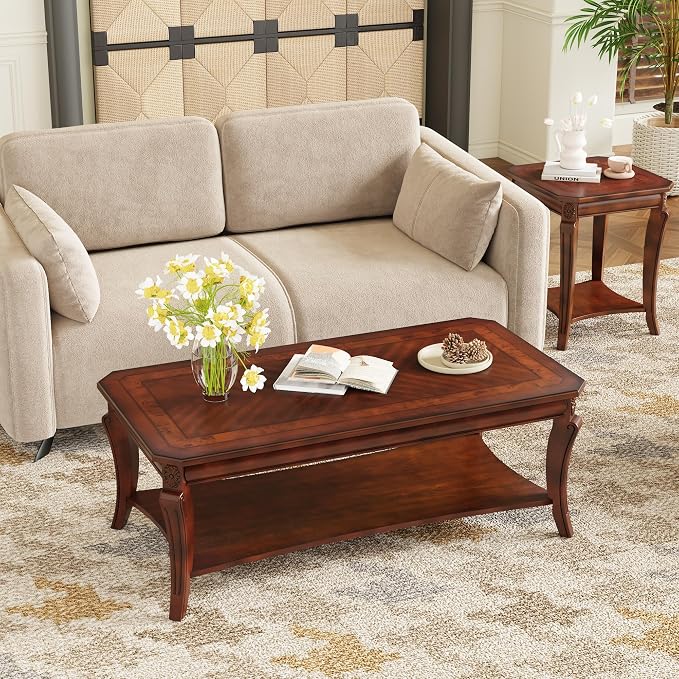 Traditional Distressed Farmhouse Style Coffee Table Set, 2-Piece Solid Wood by MIAUWUUFHOME