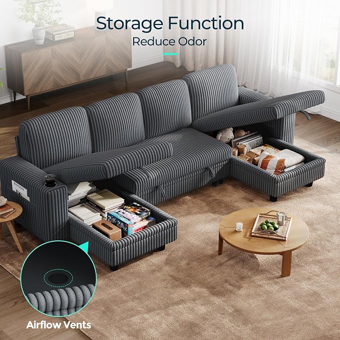 LINSY HOME Sectional Sofa with Pull Out Bed, 4 Seats Corduroy Reversible - Image 6
