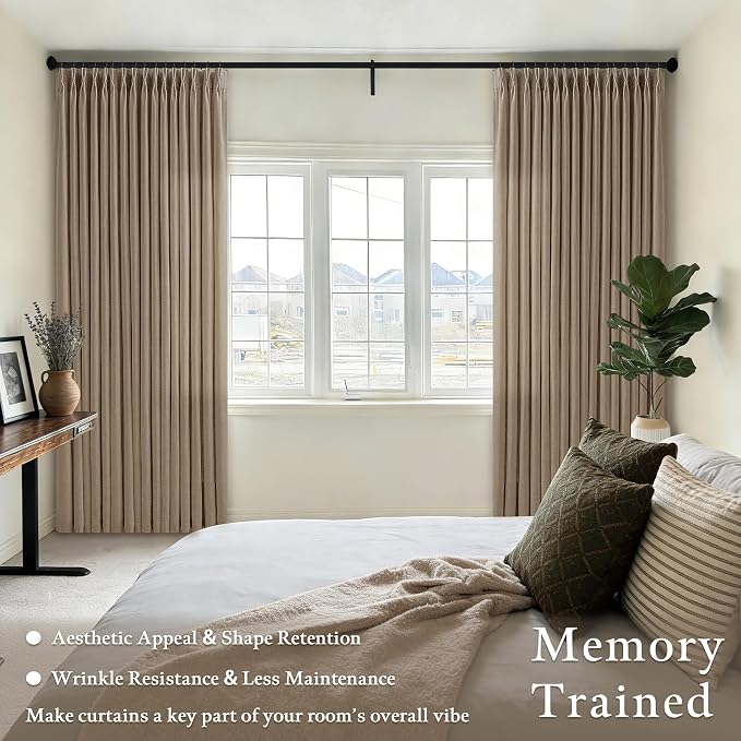 Latte Pinch Pleat Light Filter Thick Linen Semi Sheer Curtains 80 Inch Long | - Image 5