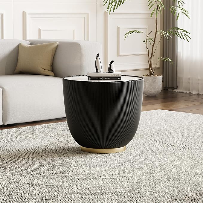 Black Round Side Table, 19.7" Faux Marble Fluted End Table - Image 3