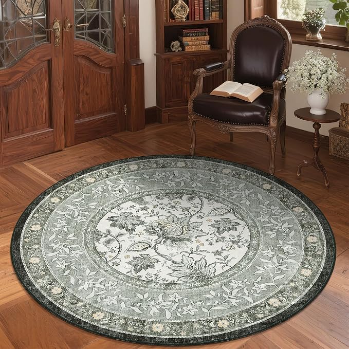 GarveeHome Provence Fog Gray Botanical Grove 4ft Round Rug, Small Circle - Image 4