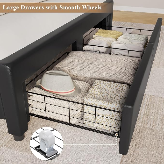 Full Bed Frame with Drawers, Hidden-Cubby & Shelves Storage Headboard with - Image 5