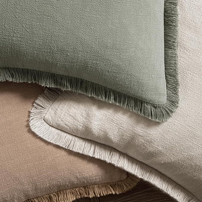 MIULEE Linen Fringe Decorative Throw Pillow Covers Natural Beige 18x18 | Set of - Image 4