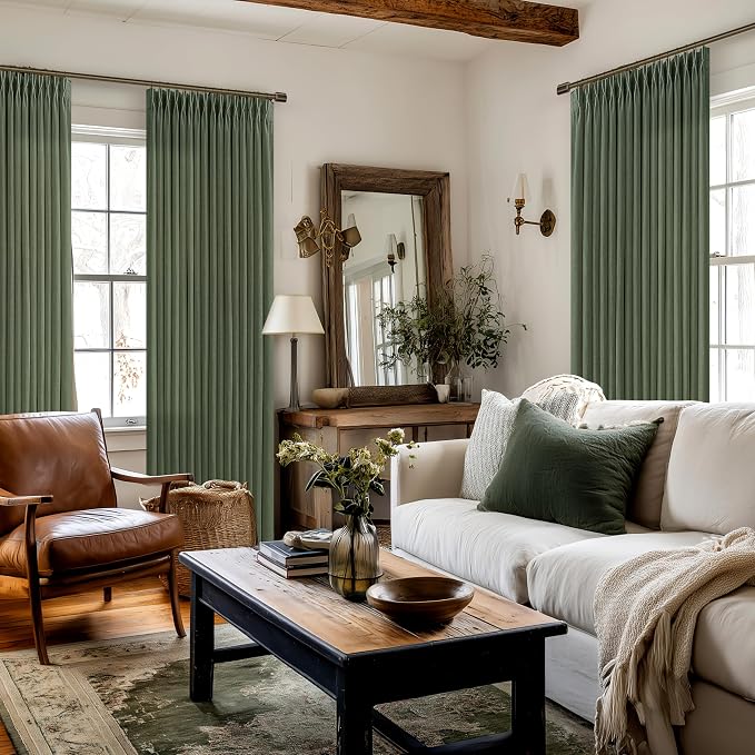Green Semi Sheer Privacy Linen Pinch Pleated Country Curtains 86 Inch Long | - Image 8