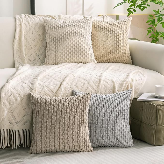 Set of 4 Neutral Decorative Throw Pillow Covers 16x16 Inch Corduroy Pillow - Image 9