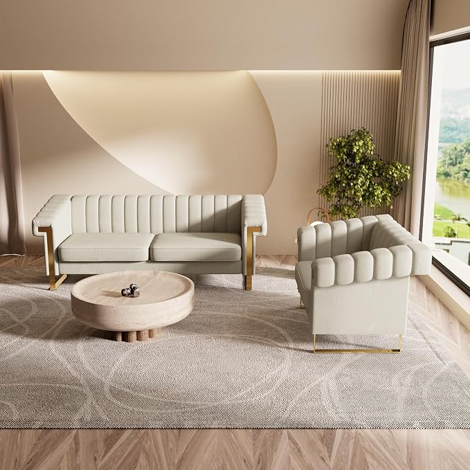 Mid-Century Modern Beige Velvet Single Sofa - Image 9