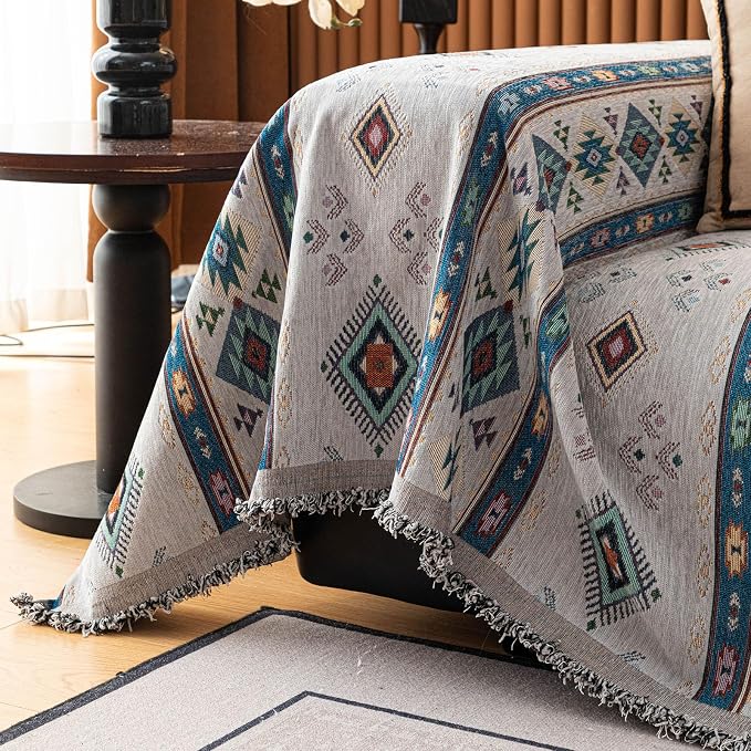 VClife Bohemian Couch Cover, Vintage Moroccan Tribal Geometric Chenille Couch - Image 6