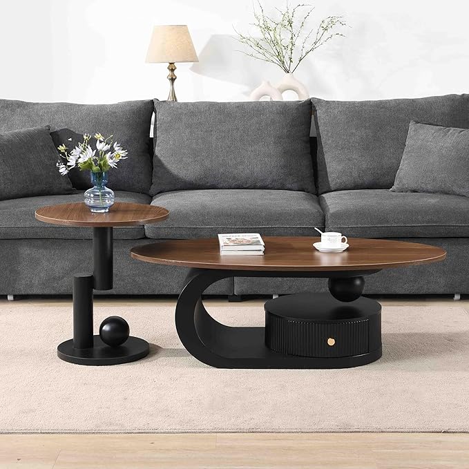 Modern Oval Coffee Table Set of 2, Wood Living Room Accent Coffee Table and by Henf