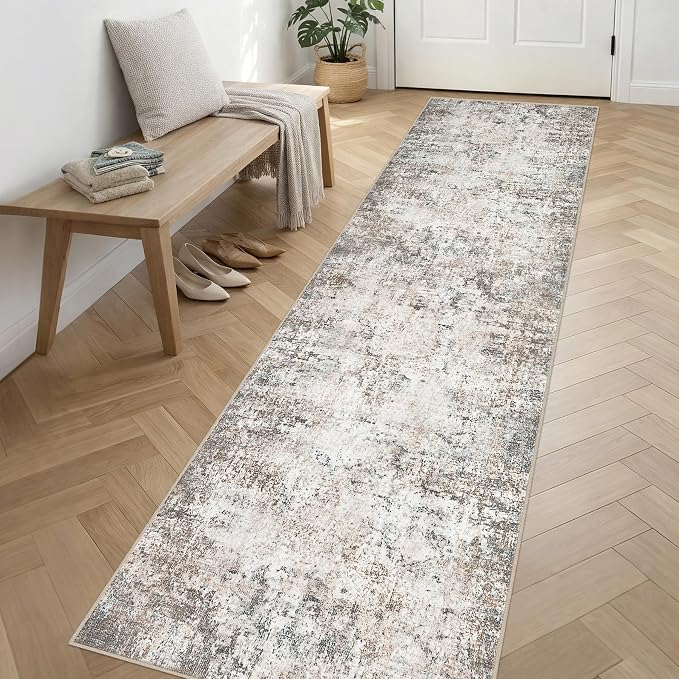 2.6x14 Washable Runner Rug:Modern Abstract Indoor Soft Carpet Brown | by FXRHLP