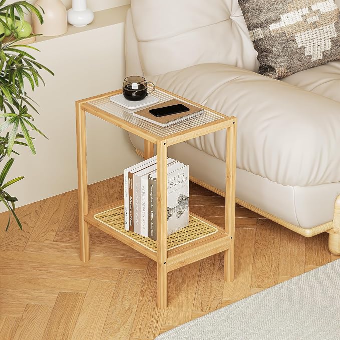 Bamworld Side Table Nature Rattan Night Stand Glass End Table 2-Tier by Bamworld