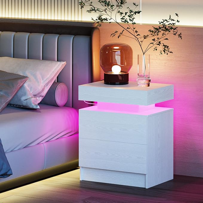 LIKIMIO Night Stand with Charging Station, Modern White Nightstand with LED - Image 4