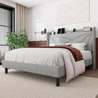 Feonase Full Bed Frame with Charging Station, Linen Upholstered Platform - Image 8