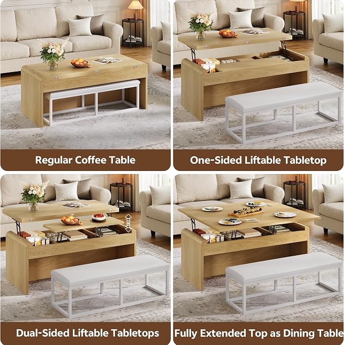 Coffee Table with Bench, 4-in-1 Multi-Function Coffe Table w/Curved Corner - Image 4