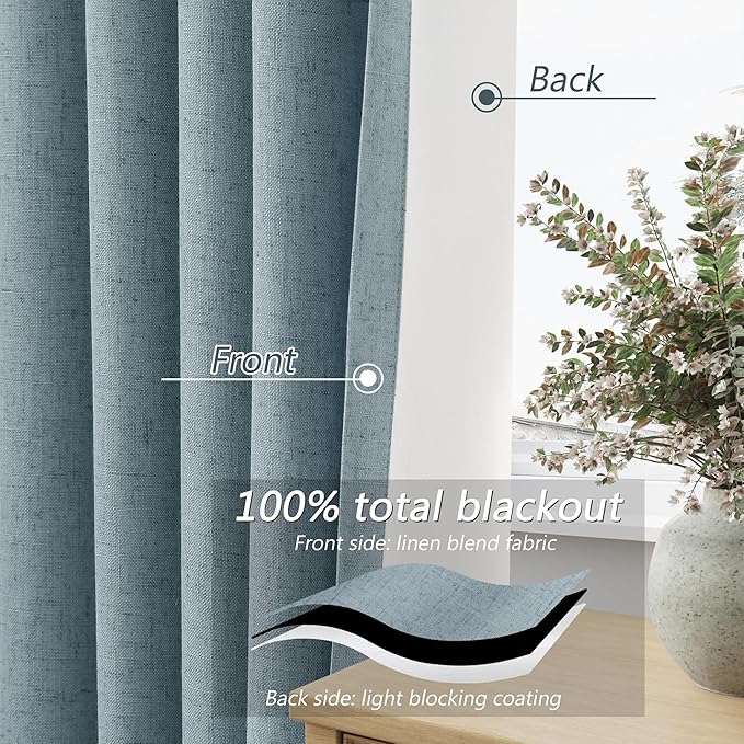 Blue 100% Blackout Linen Curtains 108 Inch Length 2 Panels Set - Image 3