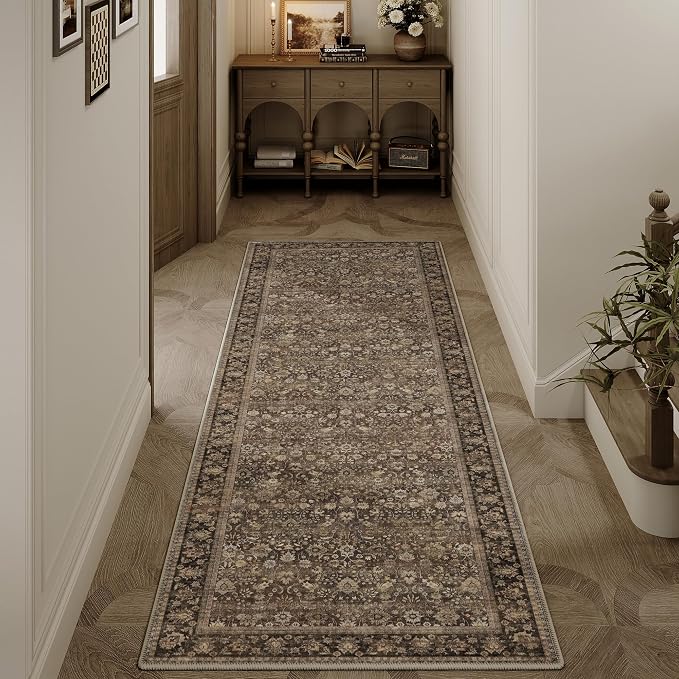 2x6 Brown Vintage Floral Washable Runner Rug by HUGEAR