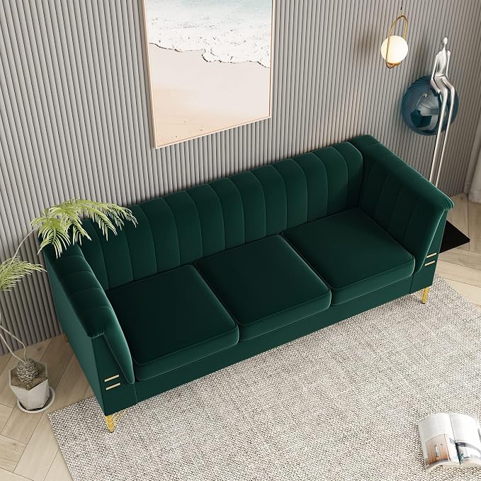 83.46" W Green Velvet Sofa Couch - Image 9