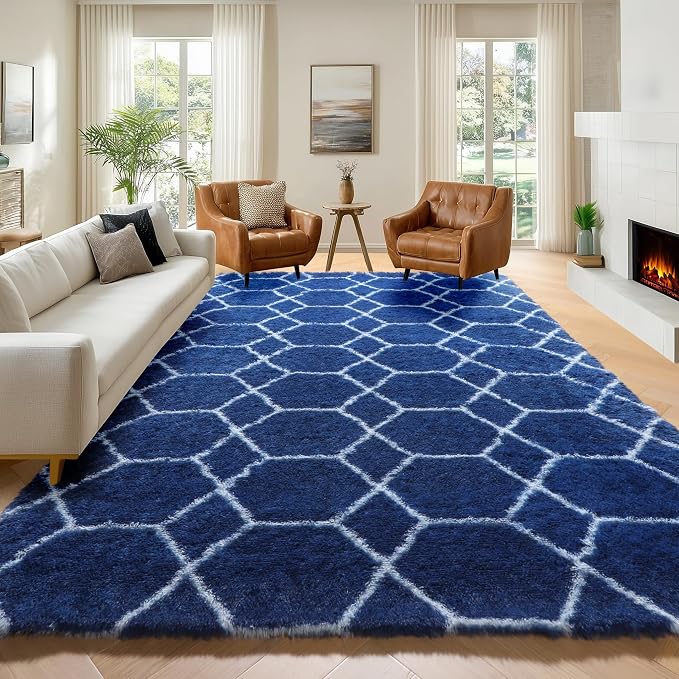 Area Rugs for Living Room, 5x8 Fluffy Navy and White Bedroom Geometric Rug | - Image 5