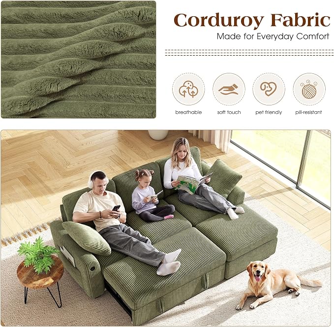 Ihanherry 81-inch Corduroy Modular Sectional Sofa Bed - Image 4