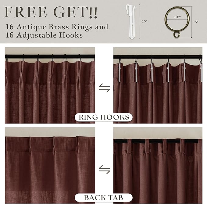 86 Inch Vintage Linen Rust Brown Pleated Semi Sheer Curtains 50 Inch Wide | - Image 5