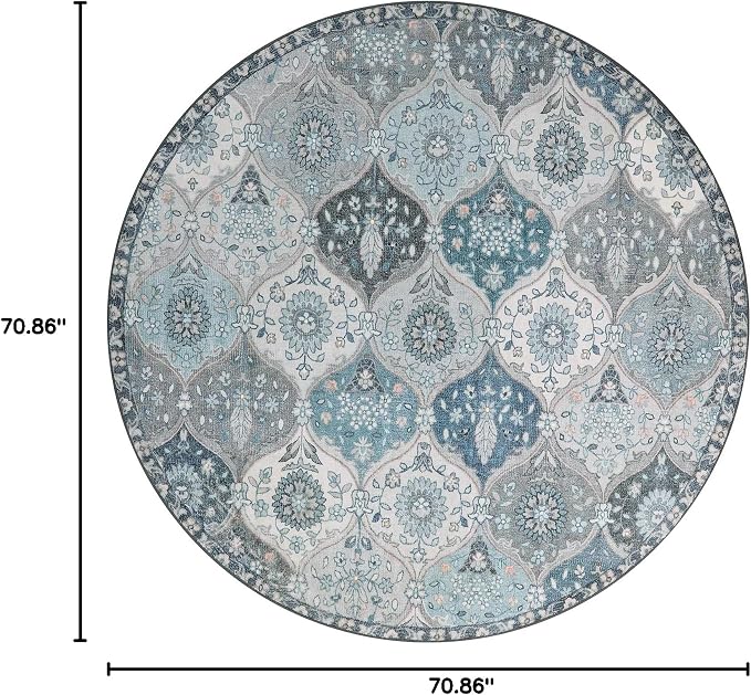 Lahome Moroccan Washable Round Area Rug, Soft Blue Vintage Round Rugs 6ft | - Image 2