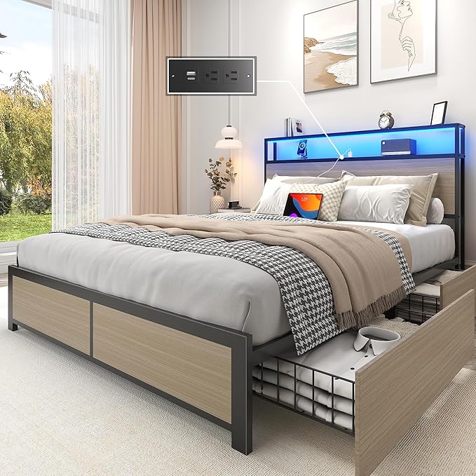 Lifezone Full Bed Frame with 2-Tier Storage Headboard, Metal Platform Bed Frame by Lifezone