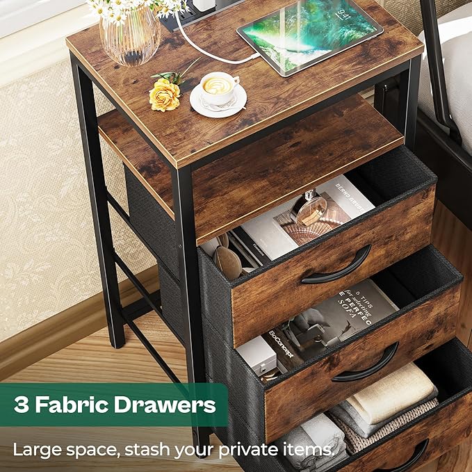 Huuger Nightstand with Charging Station, 27.6 Inch Bedside Table with Fabric - Image 7