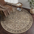 4ft Round Brown Vintage Floral Washable Rug by HUGEAR